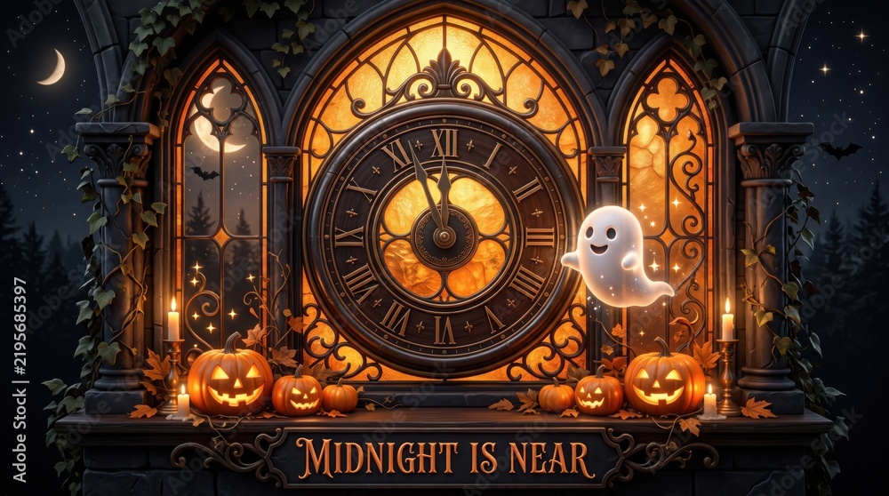 Obraz premium Copyrightsafe, unique, premiumlooking version spooky halloween clock with ghost and pumpkins