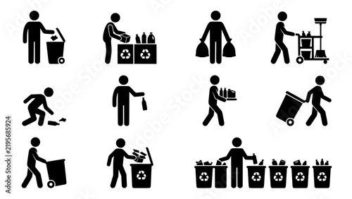 Foto Silhouettes of people performing waste disposal and recycling tasks on a white b