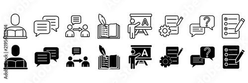 English class icon set. Essay and conversation symbol. Vector illustration
