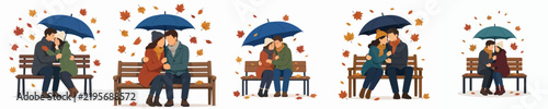 A flat vector illustration of a couple sitting on a park bench, sharing a warm embrace under an umbrella amidst falling autumn leaves