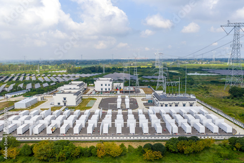 Large scale energy storage power station with neatly arranged white battery containers