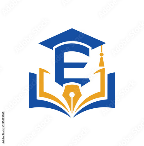 Professional letter E education logo vector with graduation cap and pen