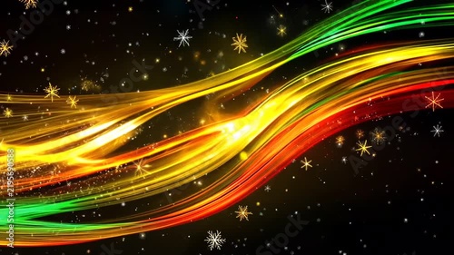 Abstract Christmas Background with Wavy Glowing Light Trails and Floating Snowflakes