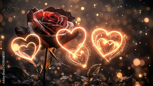 Dark Red Rose with Glowing Golden Heart Symbols and Bokeh Lights