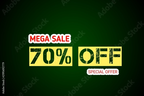 Mega sale 70% promo banner with discount offer. Flash sale banner background. Flash sale 70% off special offer banner for social media post or website banner.