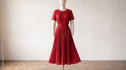 Elegant Red Pleated Midi Dress Displayed on Vintage Tailor Dummy Mannequin in Bright Studio