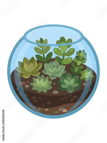Terrarium bowl containing various green succulents and soil rendered in a modern vector design.