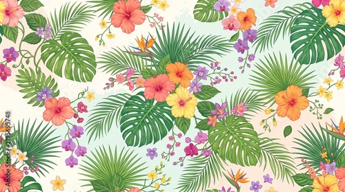 Tropical floral and foliage background with exotic flowers and lush green leaves.