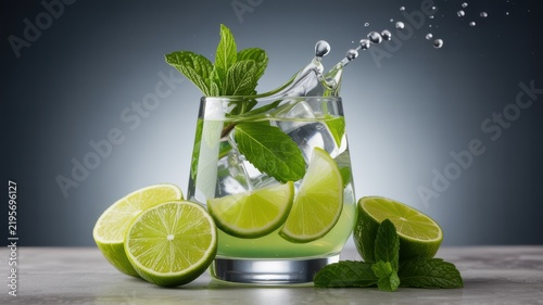 Refreshing lime and mint mojito with ice cubes in glass, fresh citrus drink on dark studio backdrop.