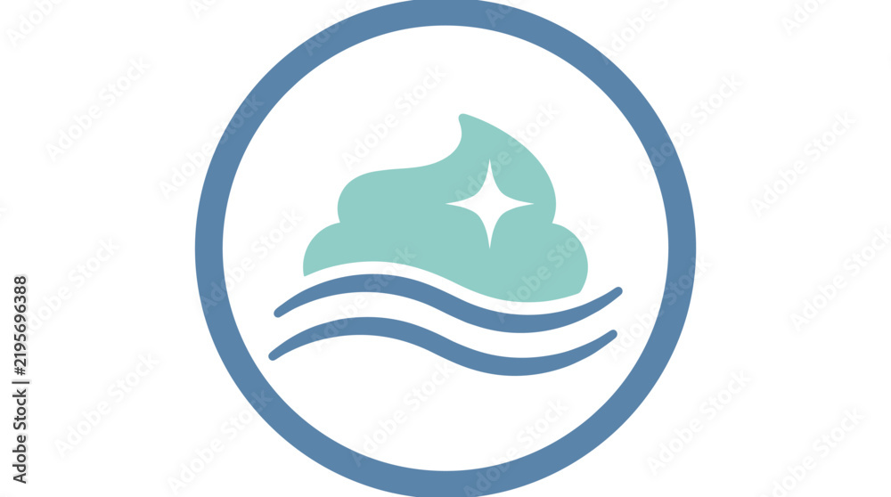 Fototapeta premium Circular hygiene icon with a teal foam dollop, white sparkle star, and blue water waves for cleaning services