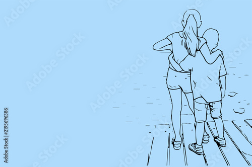 Brother and Sister Hugging on a Wooden Dock Vector Line Art Illustration
