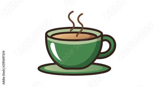 Green coffee cup vector illustration, hot steaming tea mug on saucer, ceramic beverage cup icon for cafe branding