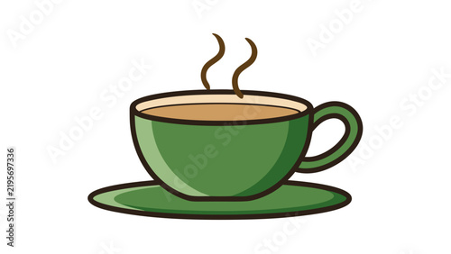 Green coffee cup vector illustration, steaming hot tea mug on saucer, ceramic cafe beverage icon for menu design