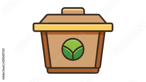 Eco-friendly compost bin vector icon, organic waste recycling container, brown garden composting box with leaf logo