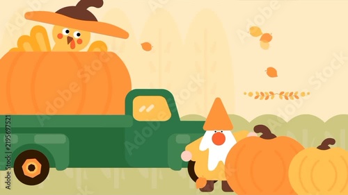 Gnomes and turkeys transport pumpkins in green trucks during autumn