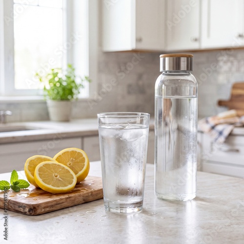 Fresh glass of cold water with lemon slices on a kitchen counter