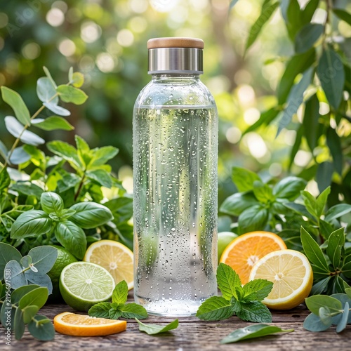 Reusable glass water bottle with citrus fruits and fresh green herbs