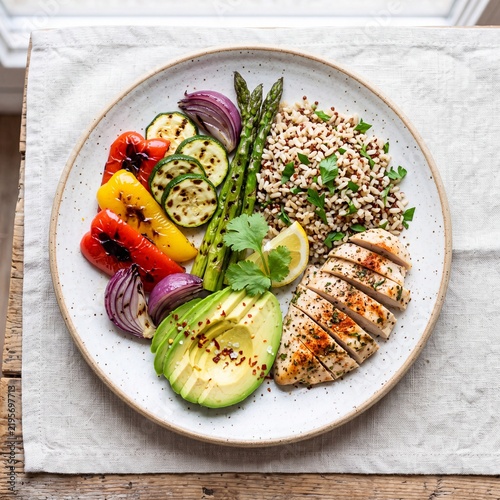 Healthy grilled chicken breast served with avocado and vegetables