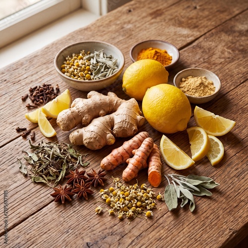 Fresh ginger turmeric and lemon on a rustic wooden table