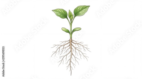 Green plant sprout featuring detailed organic roots drawn in a clean digital style on white background