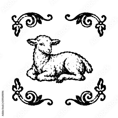 Resting Lamb Vintage Engraving with Ornamental Floral Corners Cute Sheep Illustration with Decorative Vintage Frame Elements