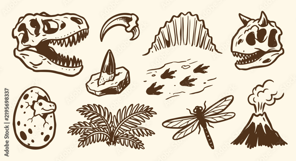Obraz premium Cute Hand-Drawn Apex Predator Carnivorous Dinosaurs Fossil Set 10 Objects Marker Doodle Set