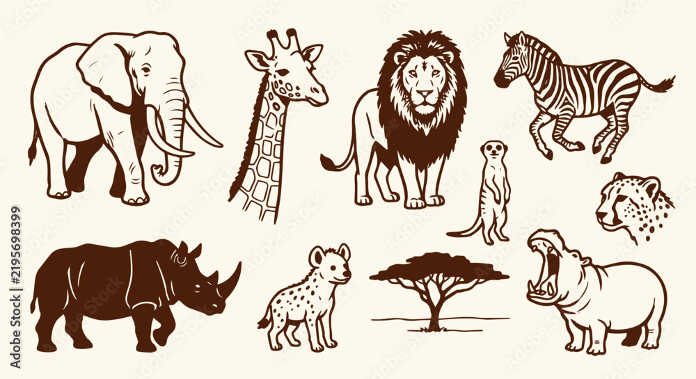 Fototapeta premium Cute Hand-Drawn African Savannah Wildlife Safari Animals Set 10 Objects Marker Doodle Set