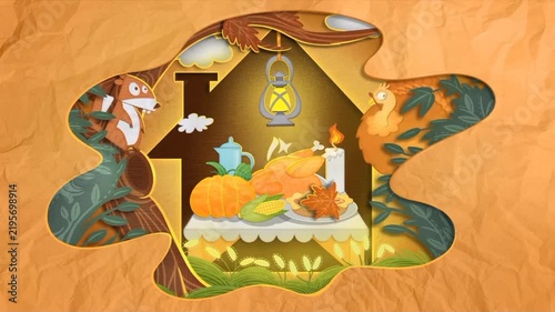 Paper craft animation of a thanksgiving feast in a forest home