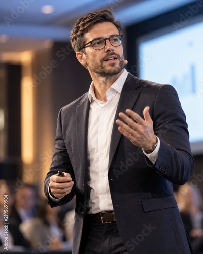 Close-up of a confident speaker in a suit holding a presentation clicker and speaking passionately on stage