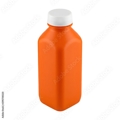 Orange plastic juice bottle with white cap on transparent background