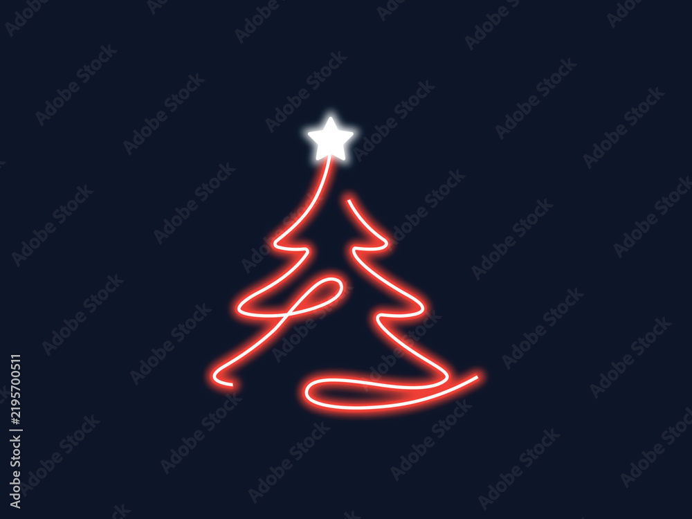 Obraz premium Minimalist christmas tree drawing made of neon glowing red light line with bright star.