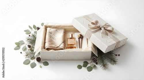 Eco-conscious holiday gift packaging featuring premium cosmetic products, sustainable materials, natural foliage, and an elegant minimalist presentation.