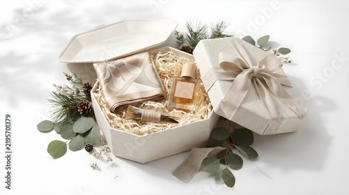 Eco-friendly holiday cosmetic gift box styled with premium beauty products, natural botanical accents, and sophisticated sustainable packaging.