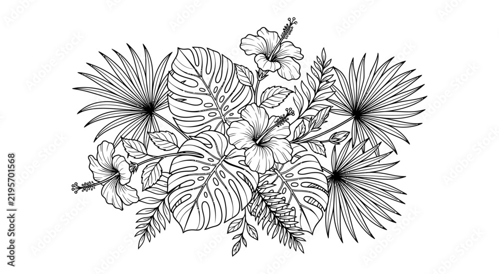 Obraz premium Tropical foliage arrangement with hibiscus flowers and palm leaves, detailed line art illustration