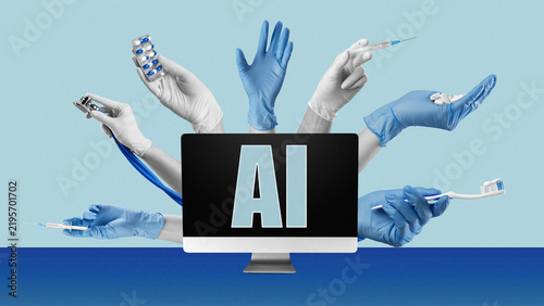 Fotografía Hands and medical tools surround a computer screen with the letters AI represent