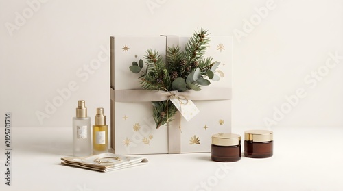 Luxury holiday gift set packaging featuring premium cosmetic products, elegant containers, natural decorative elements, and sophisticated neutral styling.