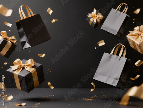 Black shopping bags and gift boxes with gold ribbons floating, symbolizing sales, holidays, and celebration