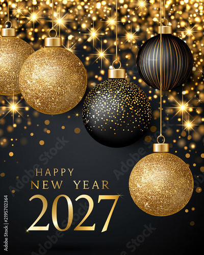 Vertical greeting or invitation card for a New Year's Eve celebration, featuring gold glitter accents and festive lights with a *bokeh* effect against a dark background.