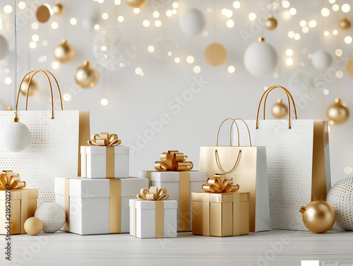 White and gold gift boxes, shopping bags, and festive decorations for holiday season celebrations