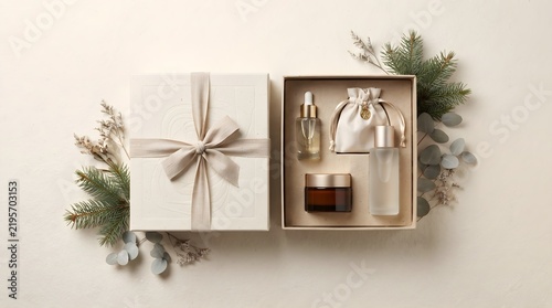 Top-down product photography of a luxury holiday cosmetic gift set featuring premium packaging, beauty products, and natural decorative elements.