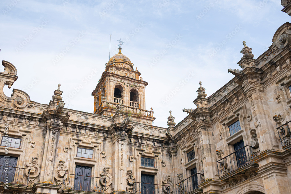 Fototapeta premium Celanova Monastery ornate historical stone facade with balconies in Galicia The Concept of baroque art and history