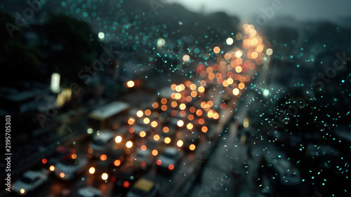Busy highway traffic at night with falling particles, feeling of urgency