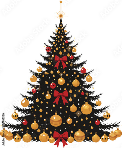 Red and Green Christmas Tree with Festive Ornaments and Decorative Ribbons, Holiday Celebration Vector Illustration