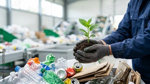 Hands holding a young plant growing from soil amidst a pile of recyclable materials in a processing facility