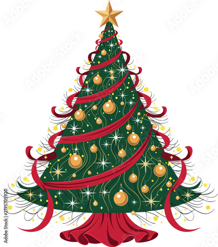 Black Christmas Tree with Gold Ornaments and Red Accents, Elegant Festive Holiday Decoration Vector