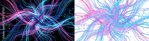 Fotografie Neon wave of pink cyan glowing threads twisting together with PNG, Transparent a