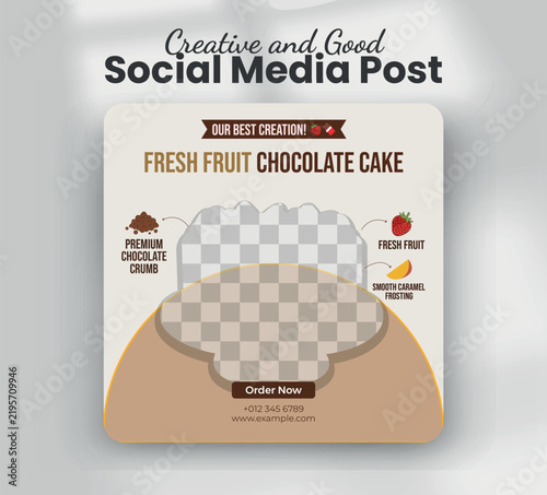Fresh fruit chocolate cake caramel frosting bakery web banner template
