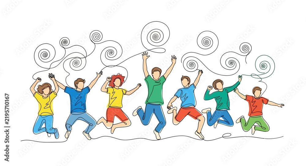 Fototapeta premium Diverse group of people jumping and celebrating with abstract swirling lines, single line drawing illustration