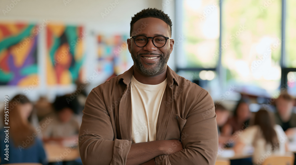 Fototapeta premium Warm environmental portrait of smiling middle aged Black male in cafe with crossed arms and colorful artwork