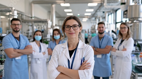 A team of scientists poses confidently in a modern laboratory.